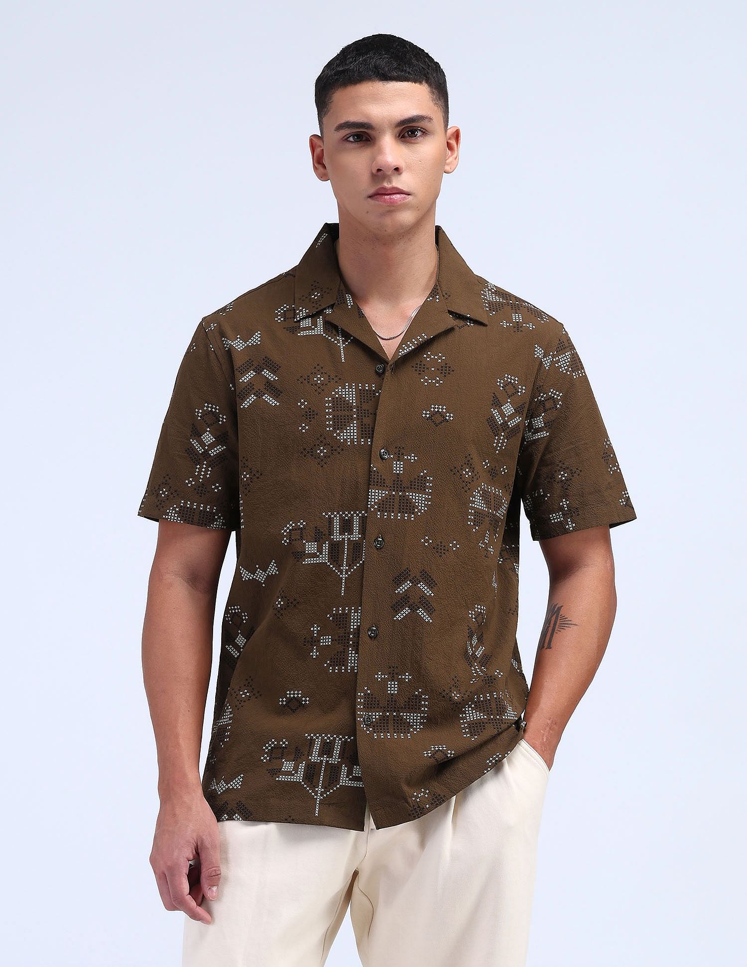 Flying Machine Geometric Print Seersucker Shirt