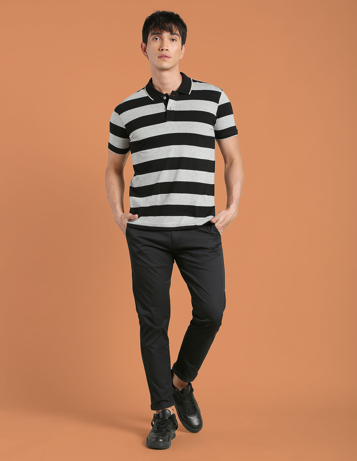 Flying Machine Horizontal Stripe Tipped Collar Polo Shirt