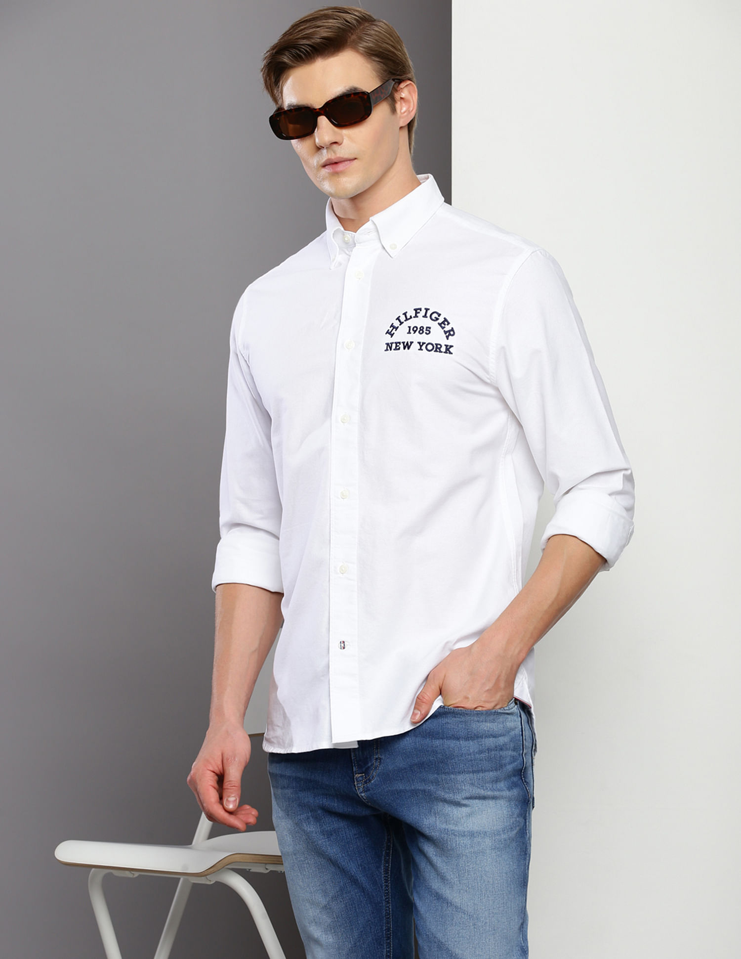 Buy Tommy Hilfiger Men White Embroidered Logo Casual Shirt - NNNOW.com