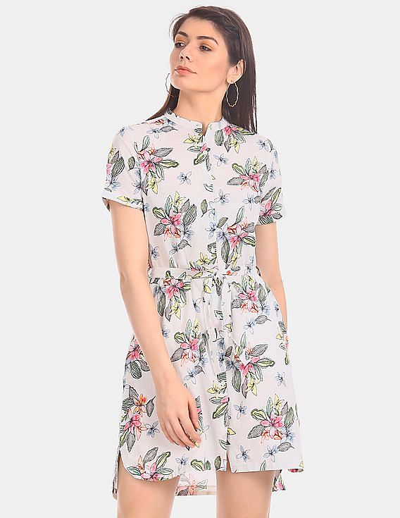 U.S. Polo Assn. Women White Mandarin Neck Floral Print Shirt Dress