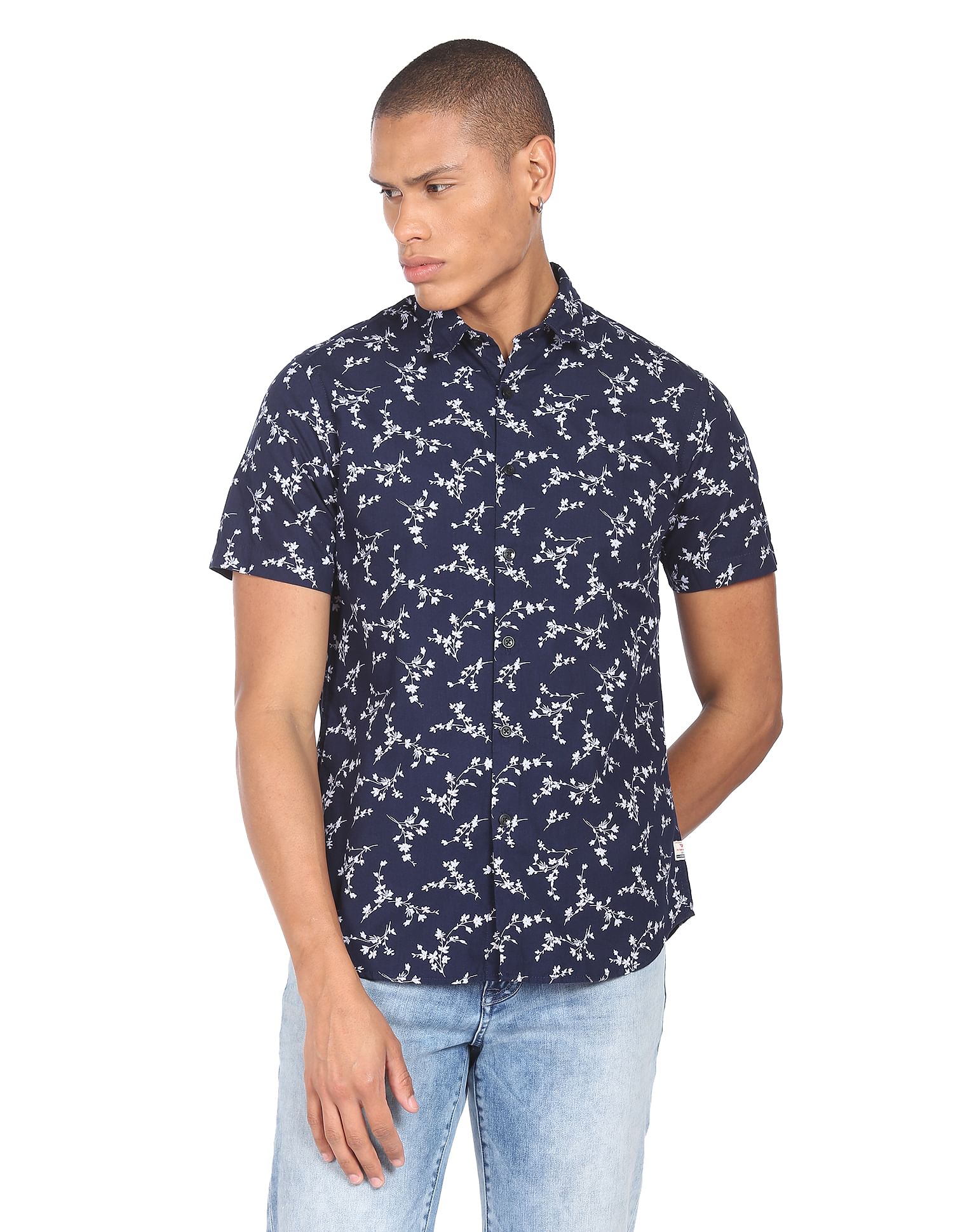 Flying Machine Short Sleeve Floral Print Cotton Shirt