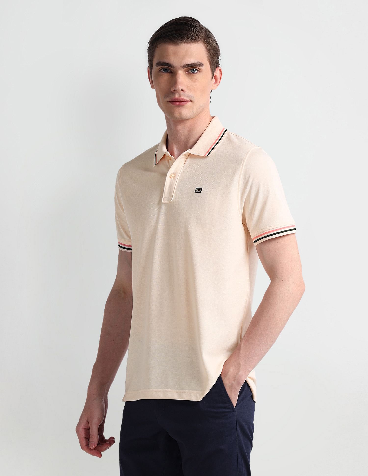 Arrow Sport Striped Collar Solid Polo Shirt