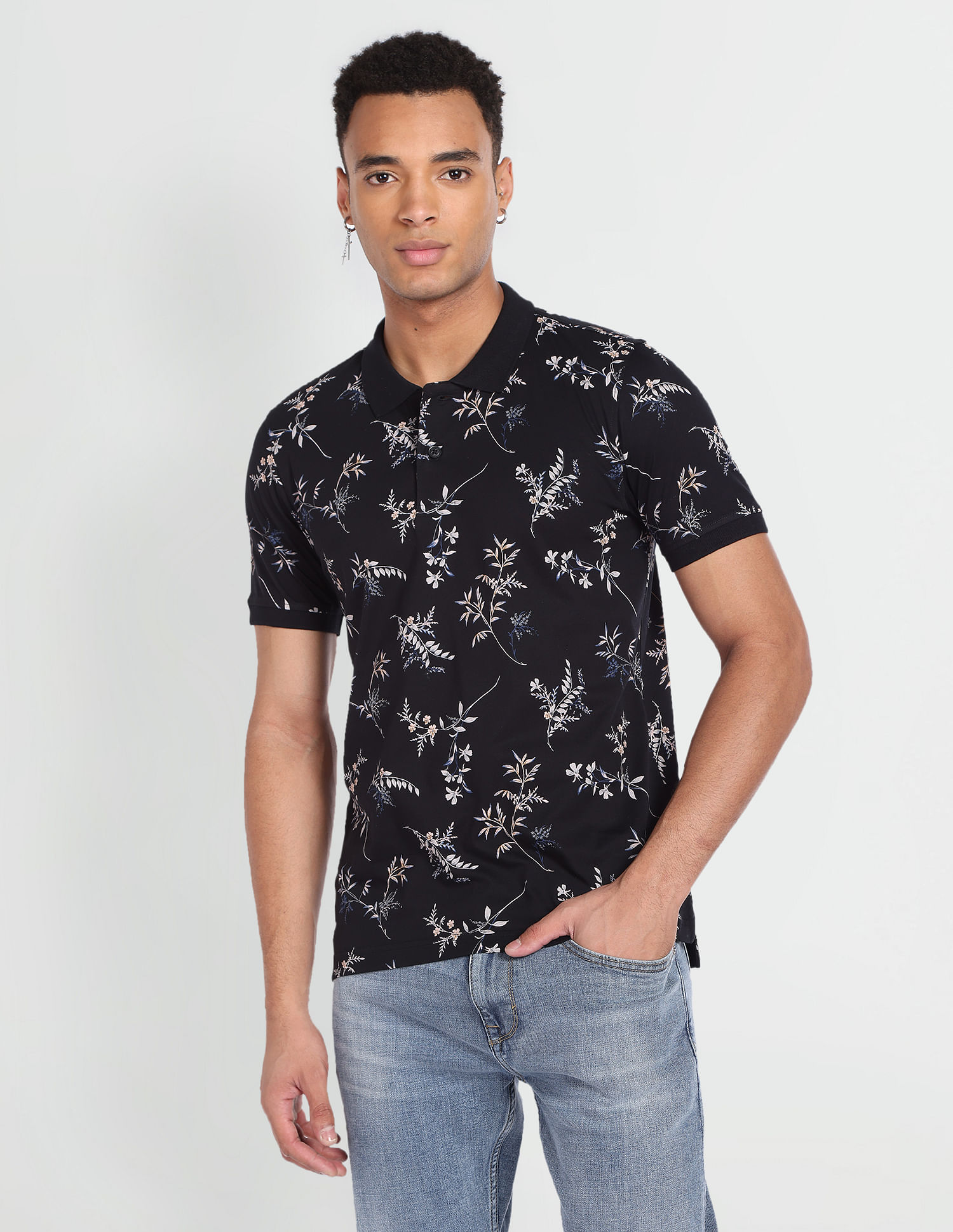 Flying Machine Floral Print Cotton Polo Shirt