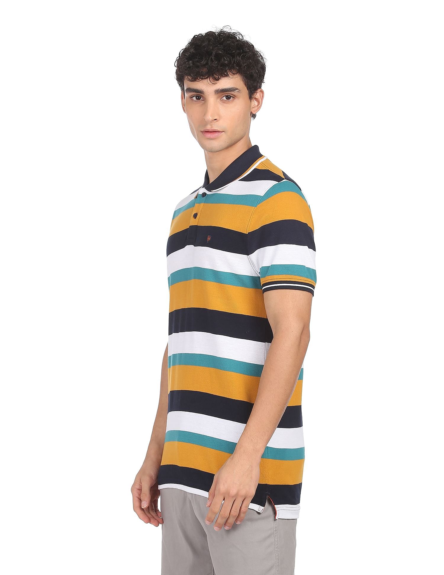 AD by Arvind Cotton Horizontal Striped Polo Shirt