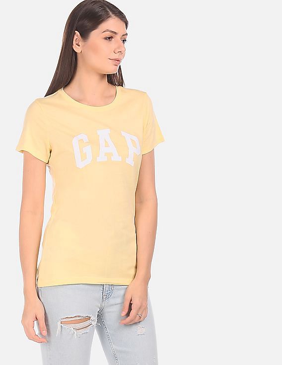 GAP Women Light Yellow Logo Front Cotton T-Shirt