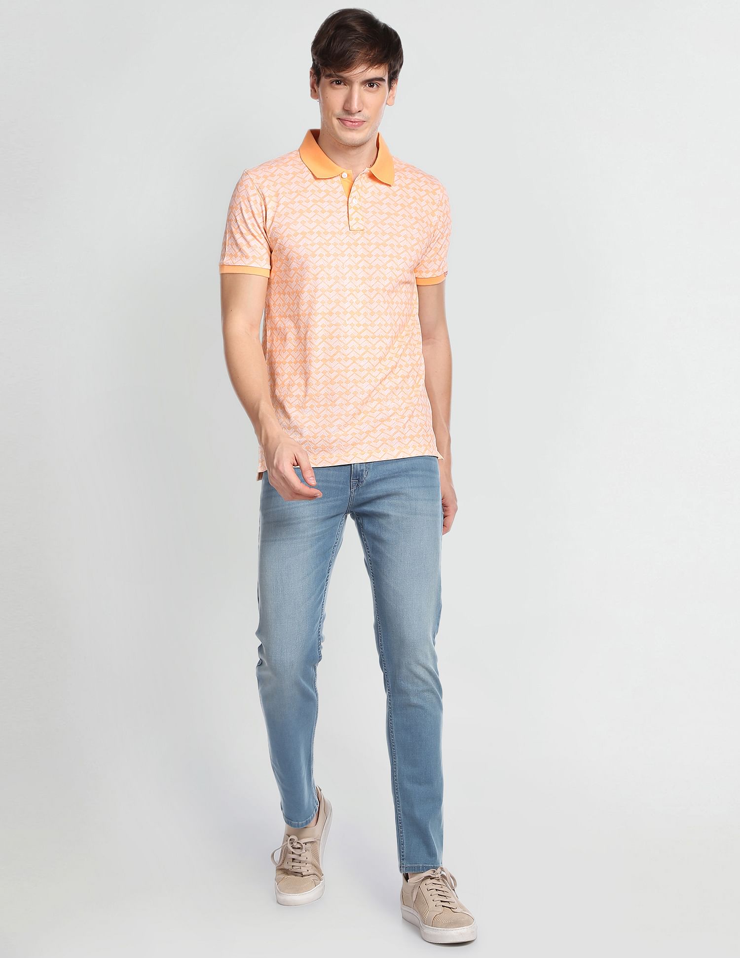 Flying Machine Geometric Print Cotton Polo Shirt