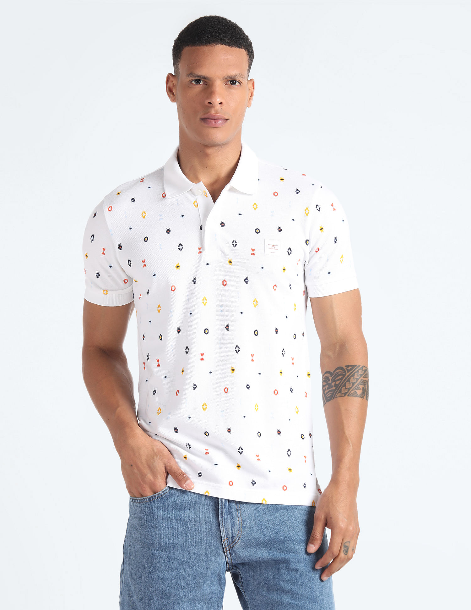 Flying Machine Geometric Print Cotton Polo Shirt