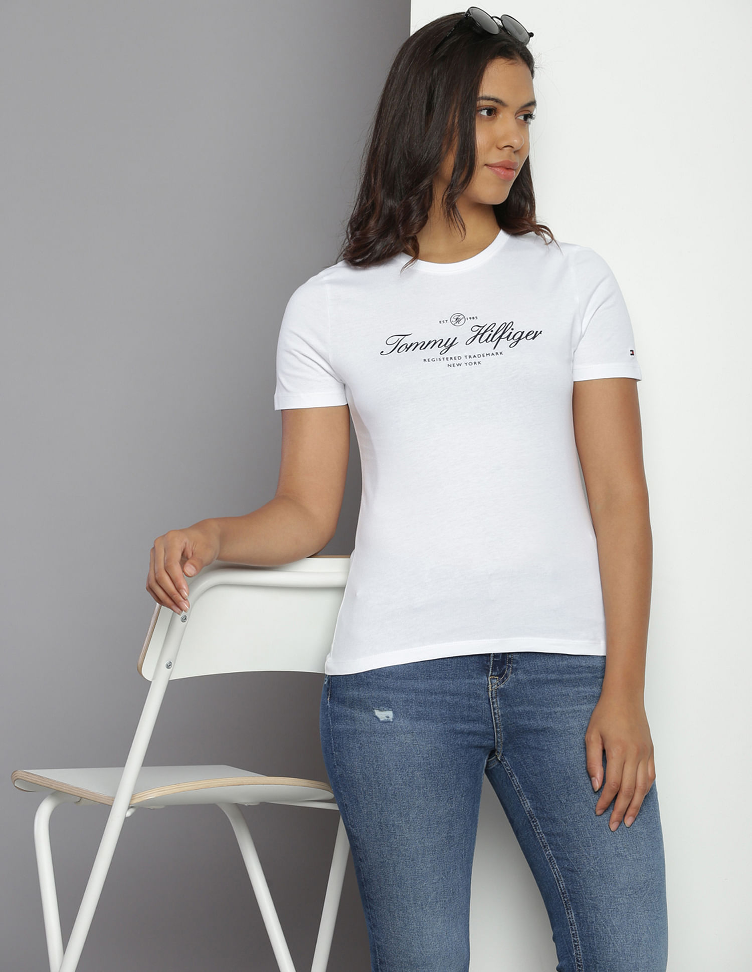 Buy Tommy Hilfiger Women White Brand Logo Printed Slim Fit T Shirt