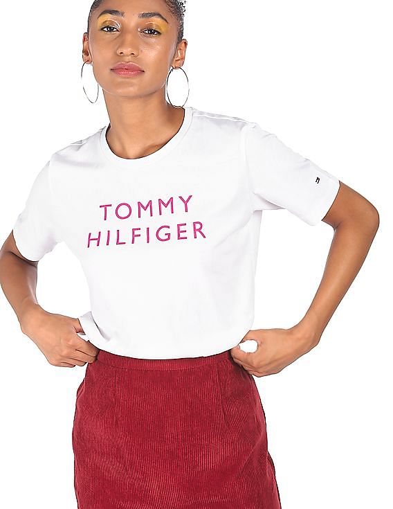 Buy Tommy Hilfiger Women White Brand Logo Printed Slim Fit T Shirt