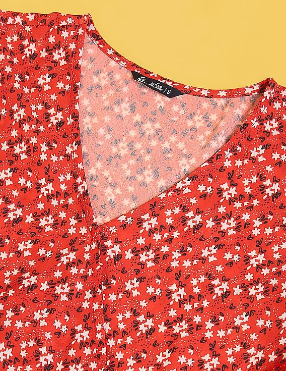 Flying Machine Women Surplice Neck Polyester Floral Print Fit Flare Dress
