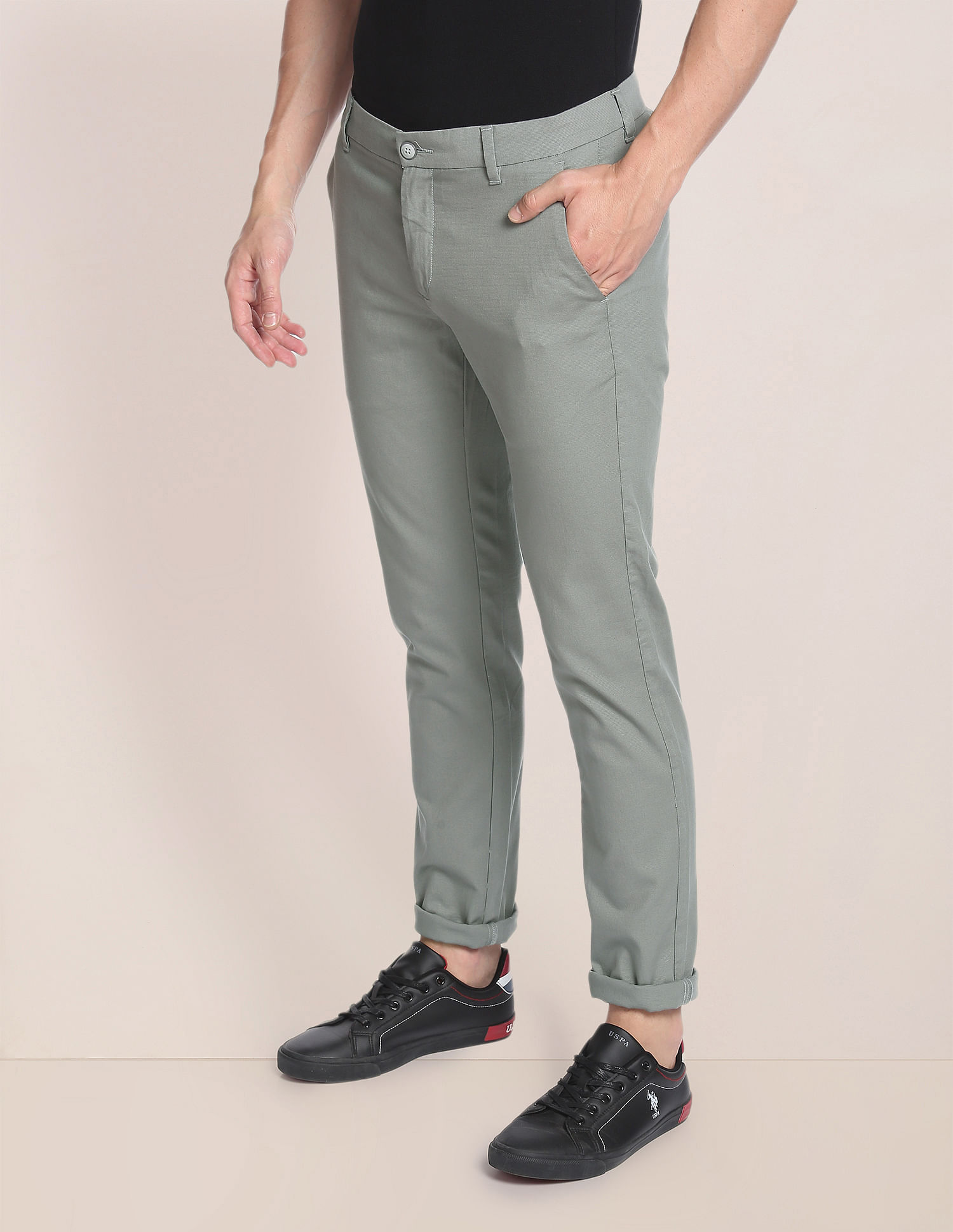 US Polo Men Khaki Flat Front Solid Casual Trousers | Odel.lk