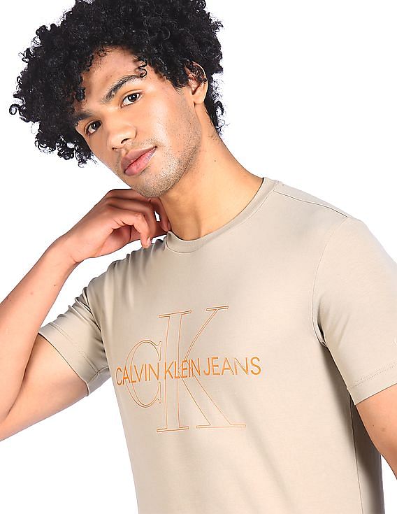 Buy Calvin Klein Men Beige Crew Neck Brand Print T-Shirt 