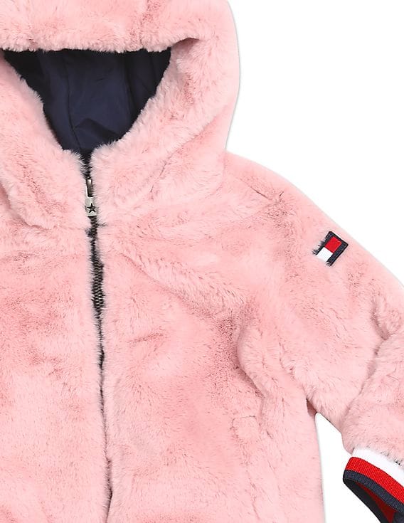 Buy Tommy Hilfiger Kids Girls Light Pink Hooded Faux Fur Jacket