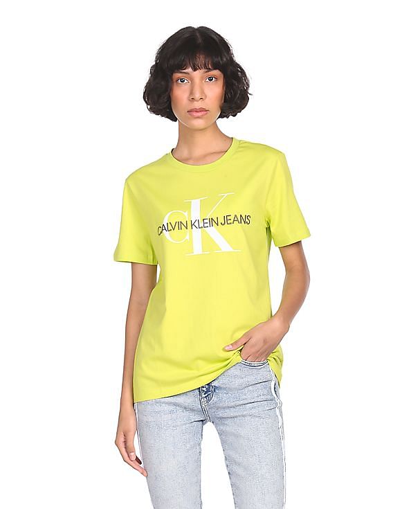 Calvin Klein Women Neon Green Crew Neck Brand Print T-Shirt