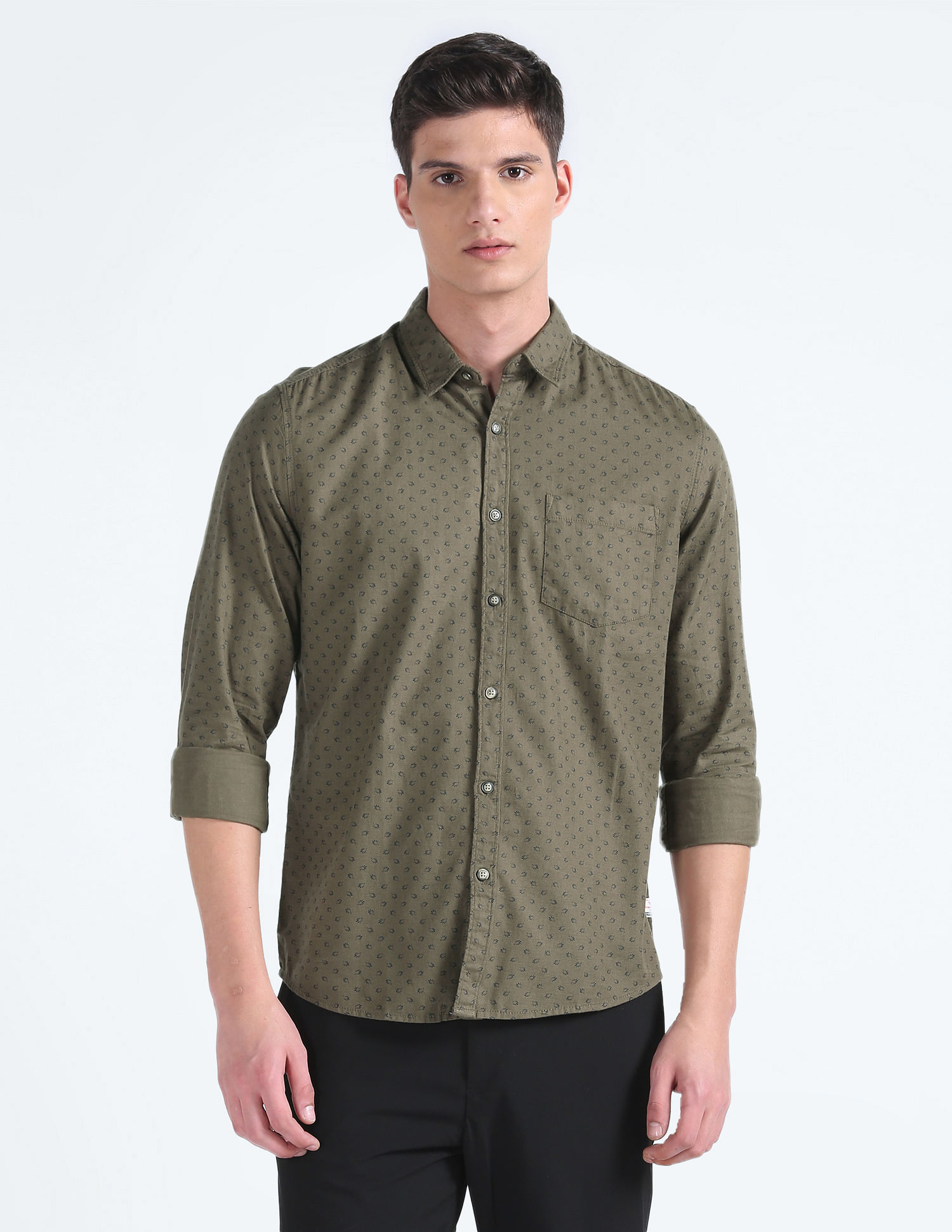 Flying Machine Geometric Print Herringbone Weave Shirt