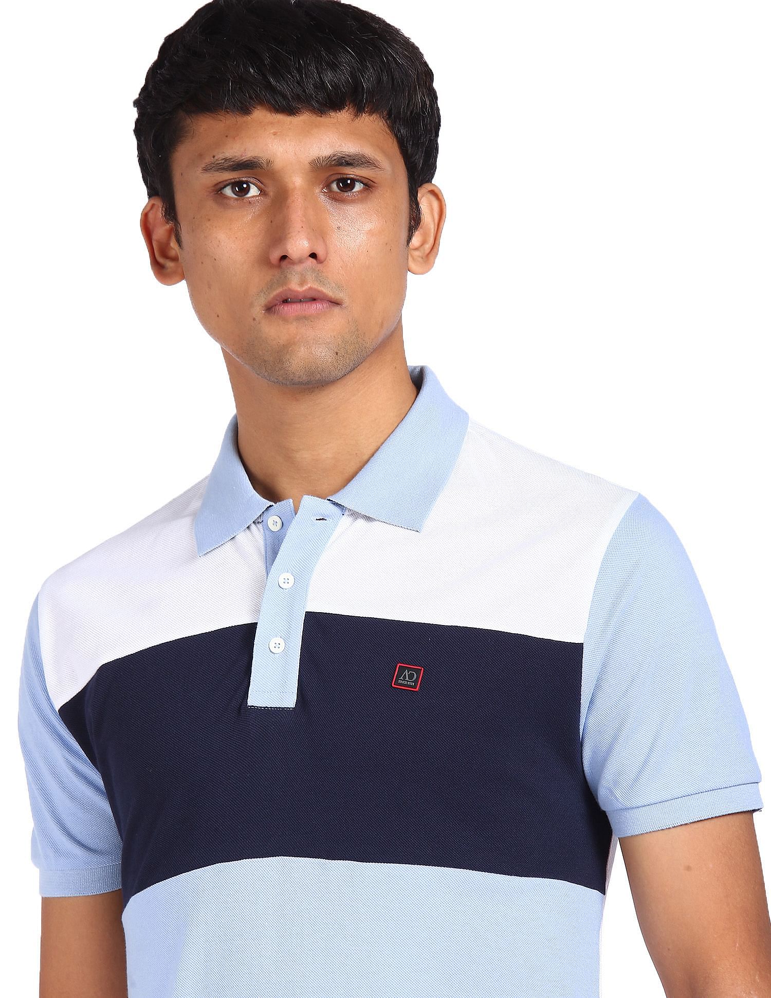 Buy AD by Arvind Men Navy And Yellow Cotton Colour Block Logo Polo Shirt -  NNNOW.com