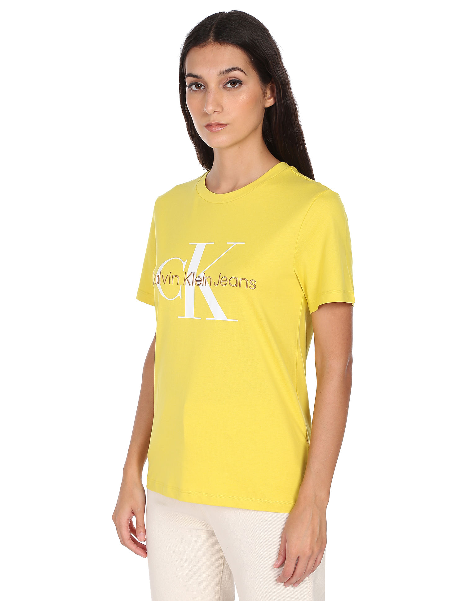 Buy Calvin Klein Women Yellow Crew Neck Brand Monogram Print T-Shirt -  