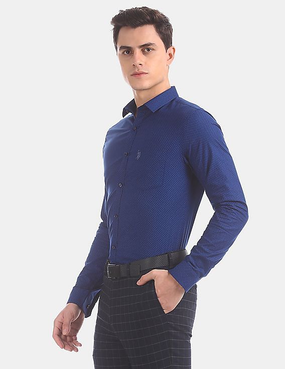 USPA Tailored Men Royal Blue Slim Fit Printed Formal Shirt