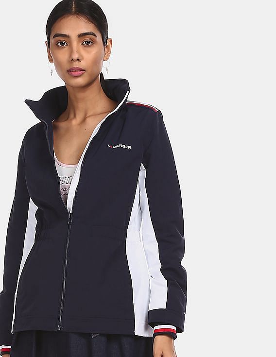 Buy Tommy Hilfiger Women Navy Detachable Hood Colour Blocked Bomber Jacket NNNOW