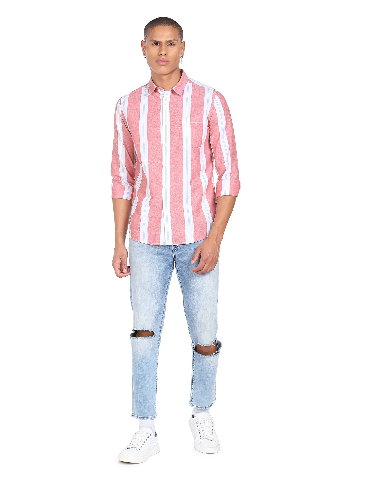 Flying Machine Oxford Vertical Stripe Cotton Shirt
