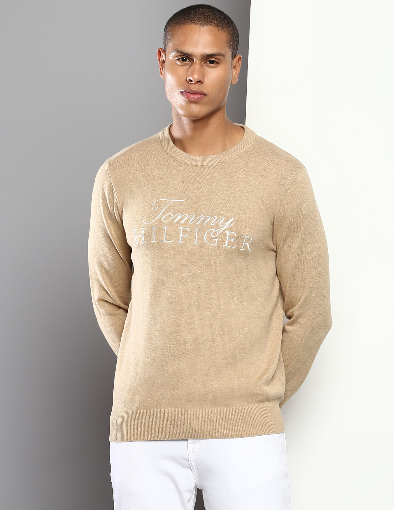 Tommy Hilfiger Men Beige Crew Neck Niles Logo Heathered Sweater