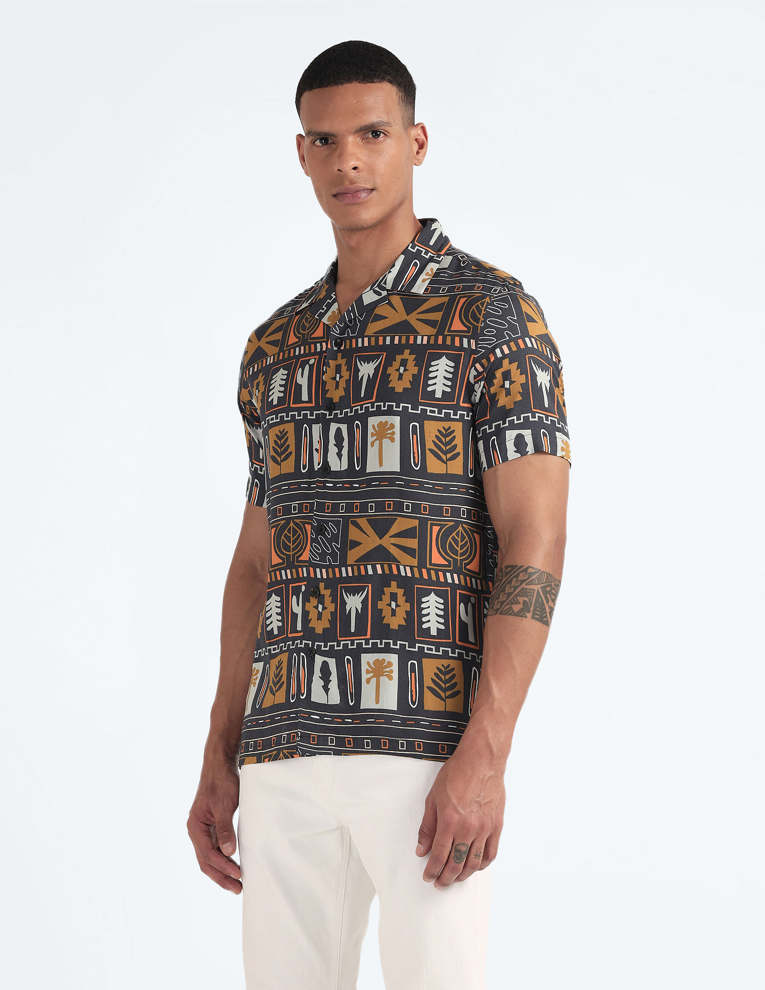 Flying Machine Graphic Print Cuban Collar Shirt