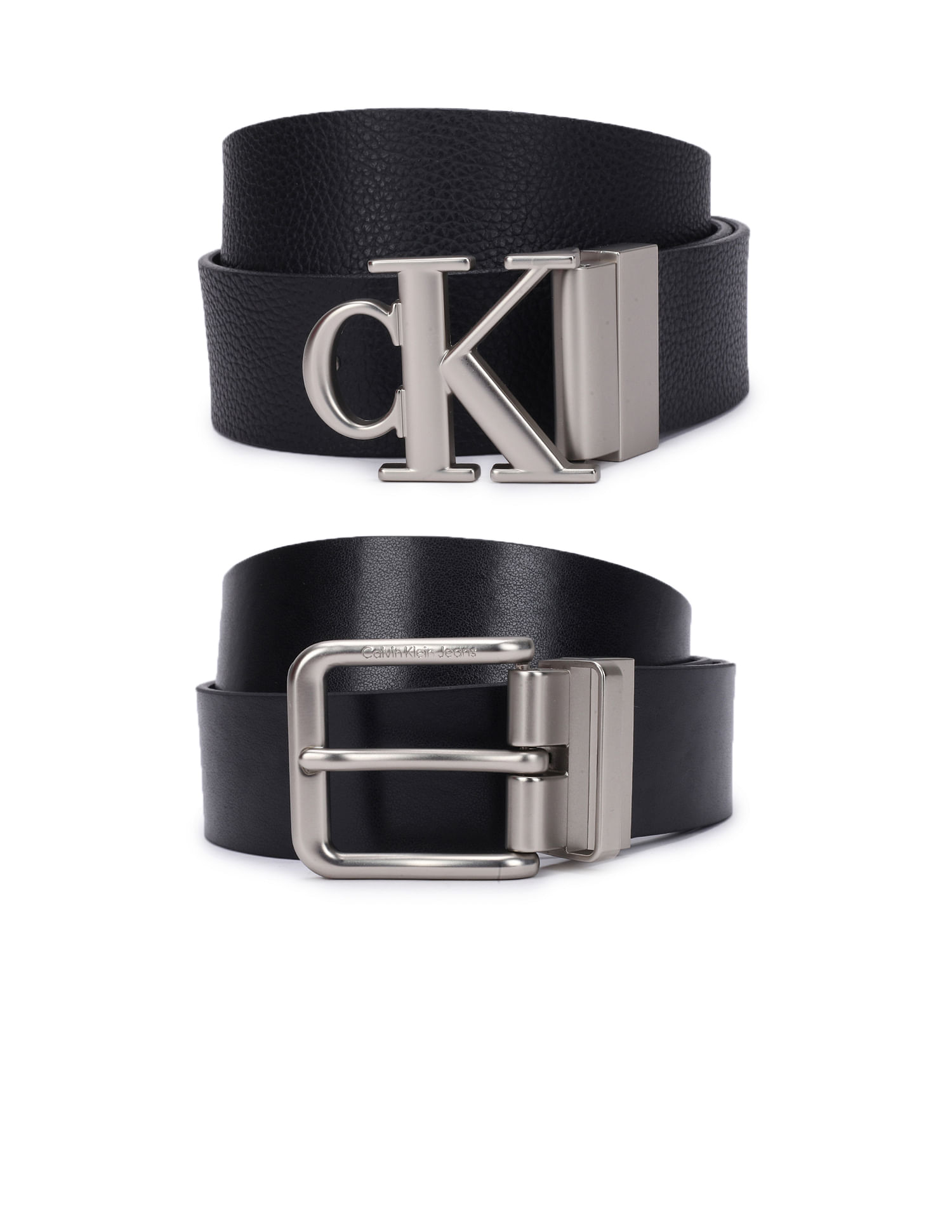 Buy Calvin Klein Men Black And Navy Monogram Buckle Reversible Leather Belt  