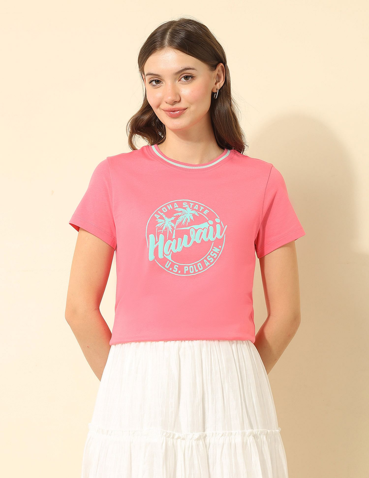 U.S. Polo Assn. Women Regular Fit Brand Printed T-Shirt