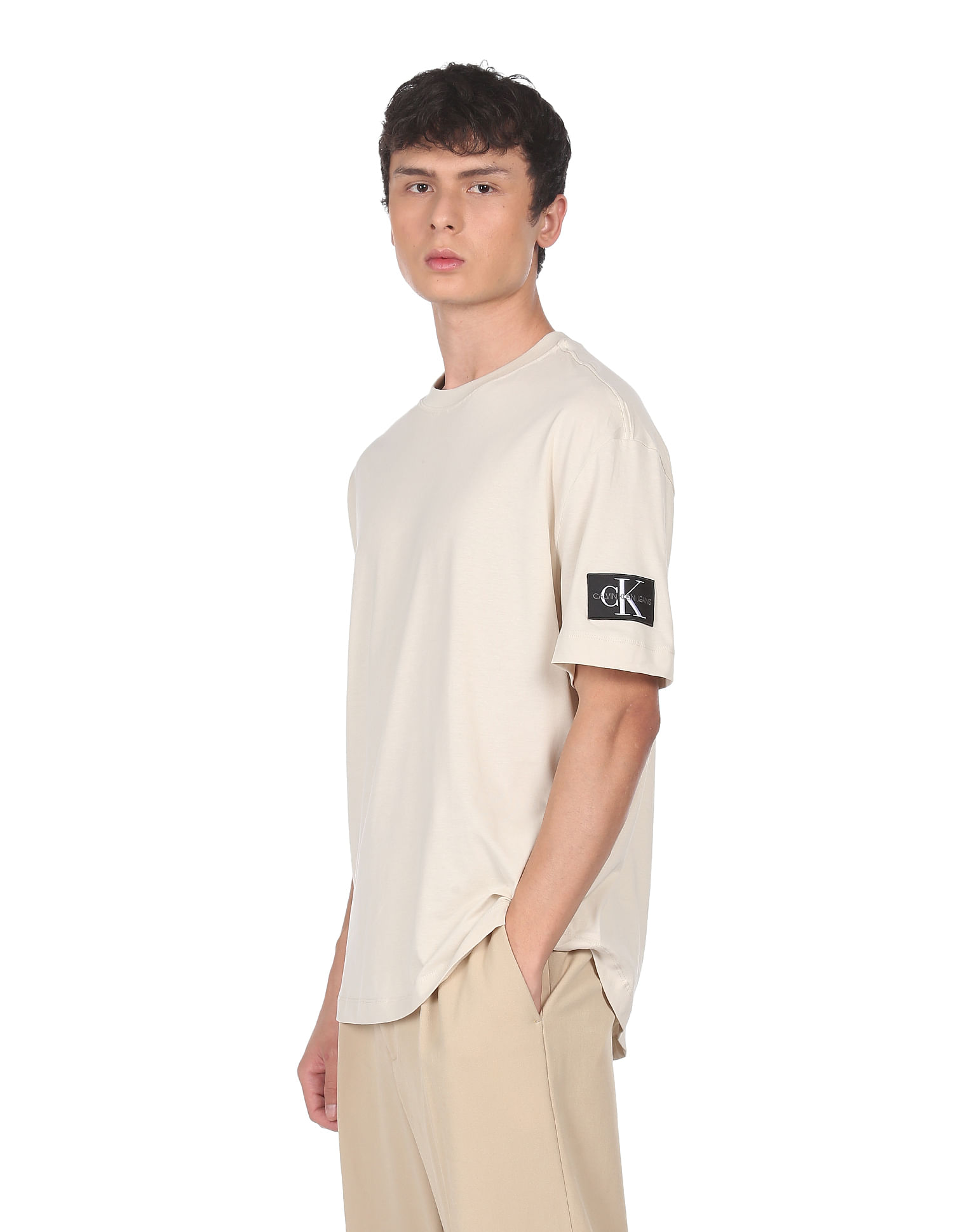 Buy Calvin Klein Jeans Men Cream Monogram Badge Oversized T