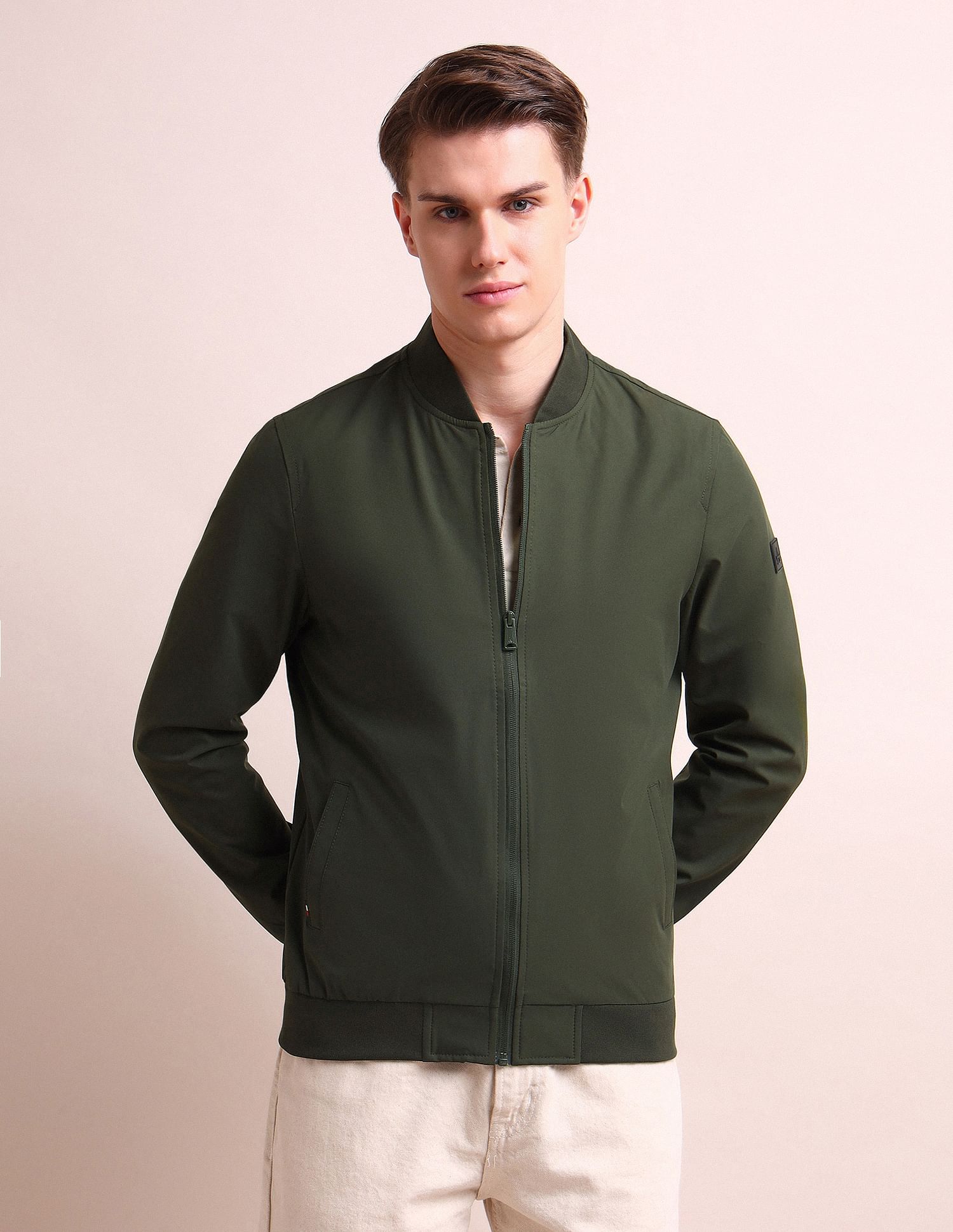 Arrow Sports Stand Neck Solid Bomber Jacket