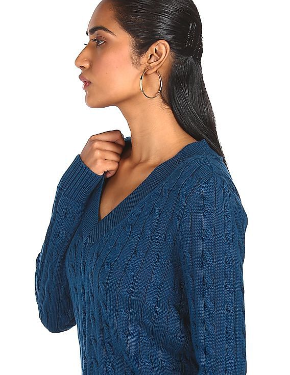 Tommy Hilfiger Women Blue V-Neck Cable Knit Sweater