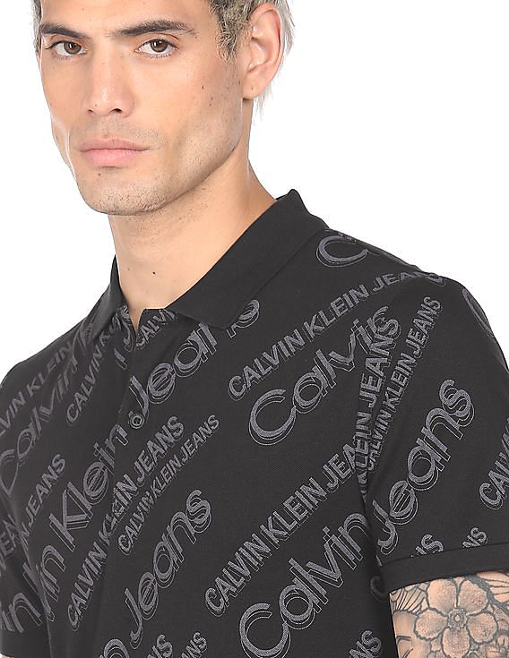 関税なし 送料無料 Black Silk Cady Polo T-Shirt Buy Calvin Klein Men Black Short sleeve Printed Polo Shirt