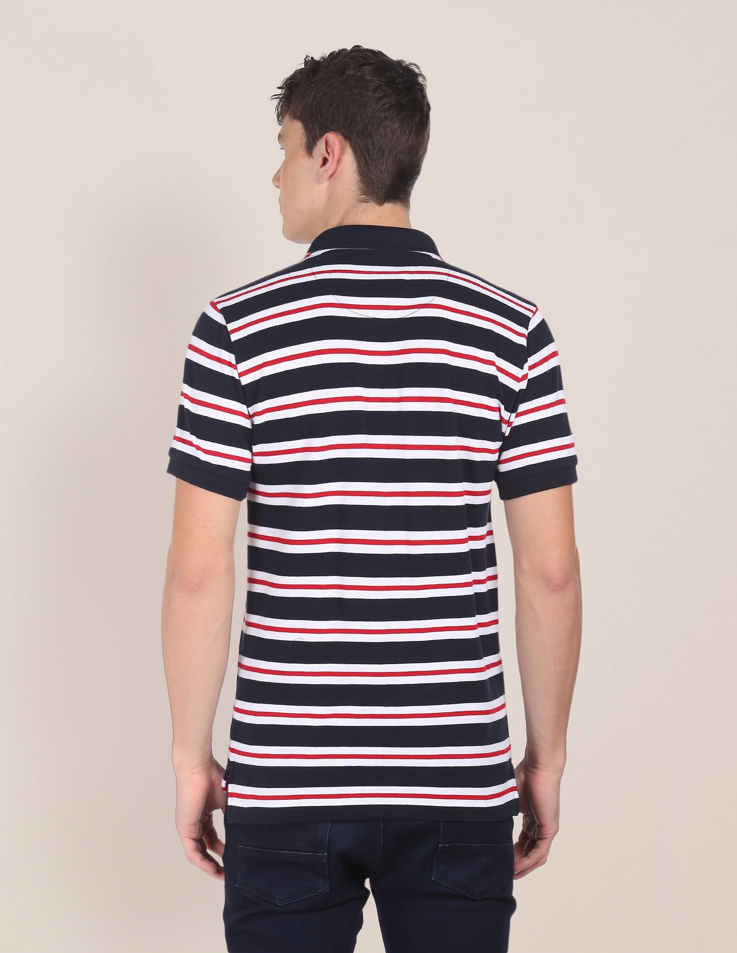 U.S. Polo Assn. Men Black And Red Cotton Striped Polo Shirt