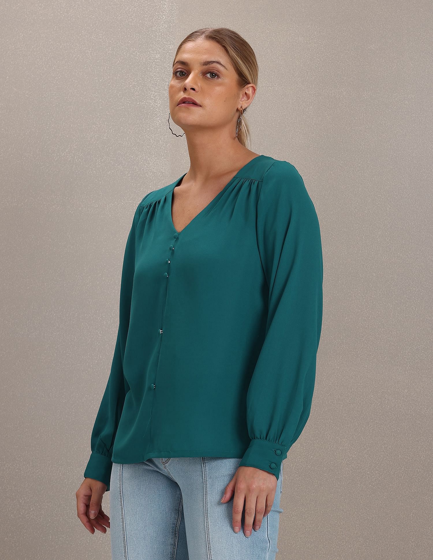 U.S. Polo Assn. Women Mock Button Placket Long Sleeve Top
