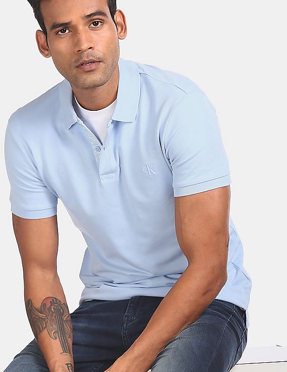 Buy Calvin Klein Men Light Blue Slim Fit Solid Pique Polo Shirt NNNOW