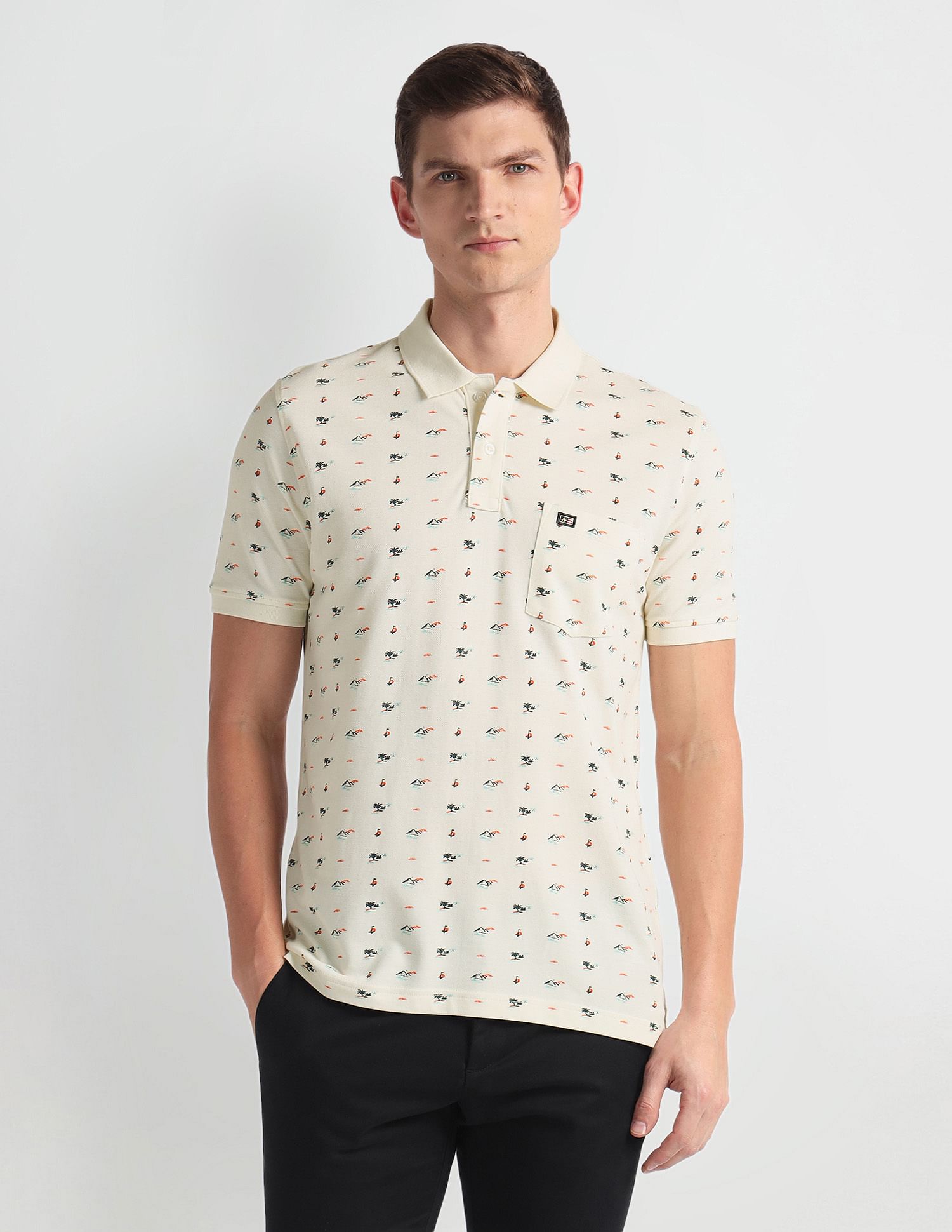 Arrow Sports Ribbed Collar Graphic Print Polo Shirt