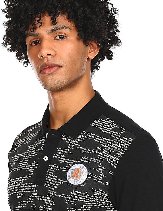 Aeropostale Women Black Cotton Brand Print Polo Shirt