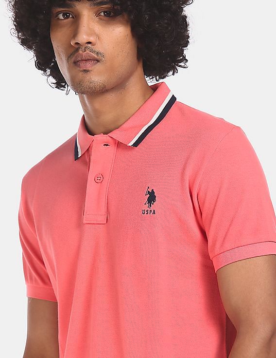 U.S. Polo Assn. Men Pink Tipped Collar Cotton Solid Pique Polo Shirt