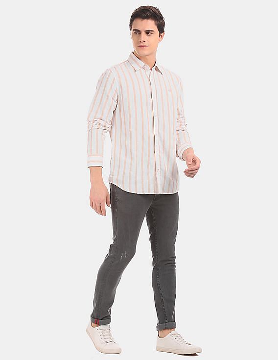 Buy GAP Men White And Beige Long Sleeve Stripe Casual Shirt