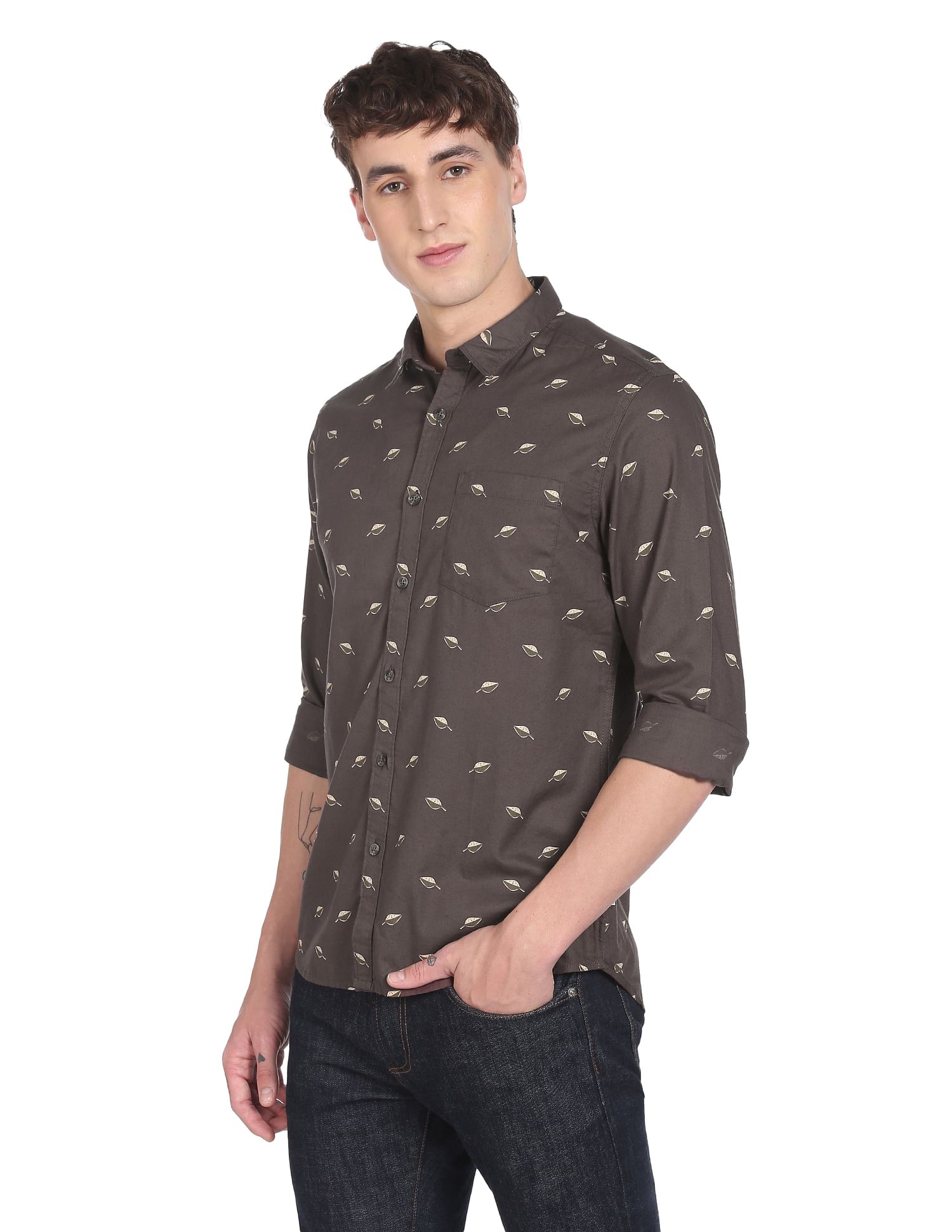 Flying Machine Spread Collar Geometric Print Shirt