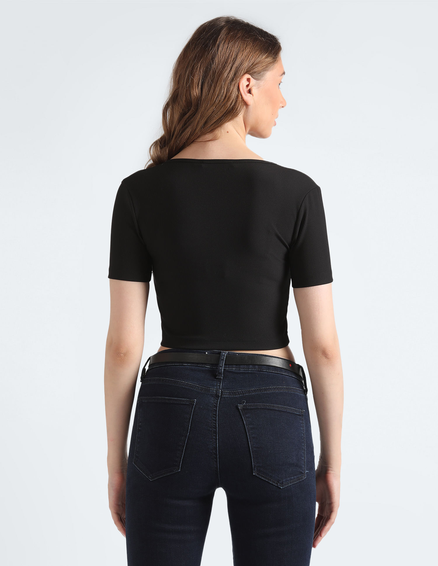 Buy Calvin Klein Tab Split Neck Rib Cropped T-Shirt - NNNOW.com