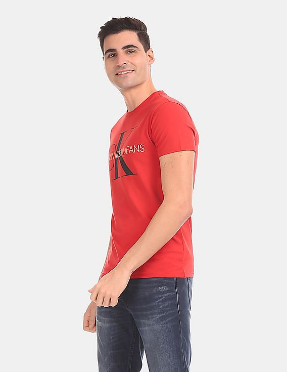 Calvin Klein Men Red Crew Neck Cotton Stretch Logo T-Shirt
