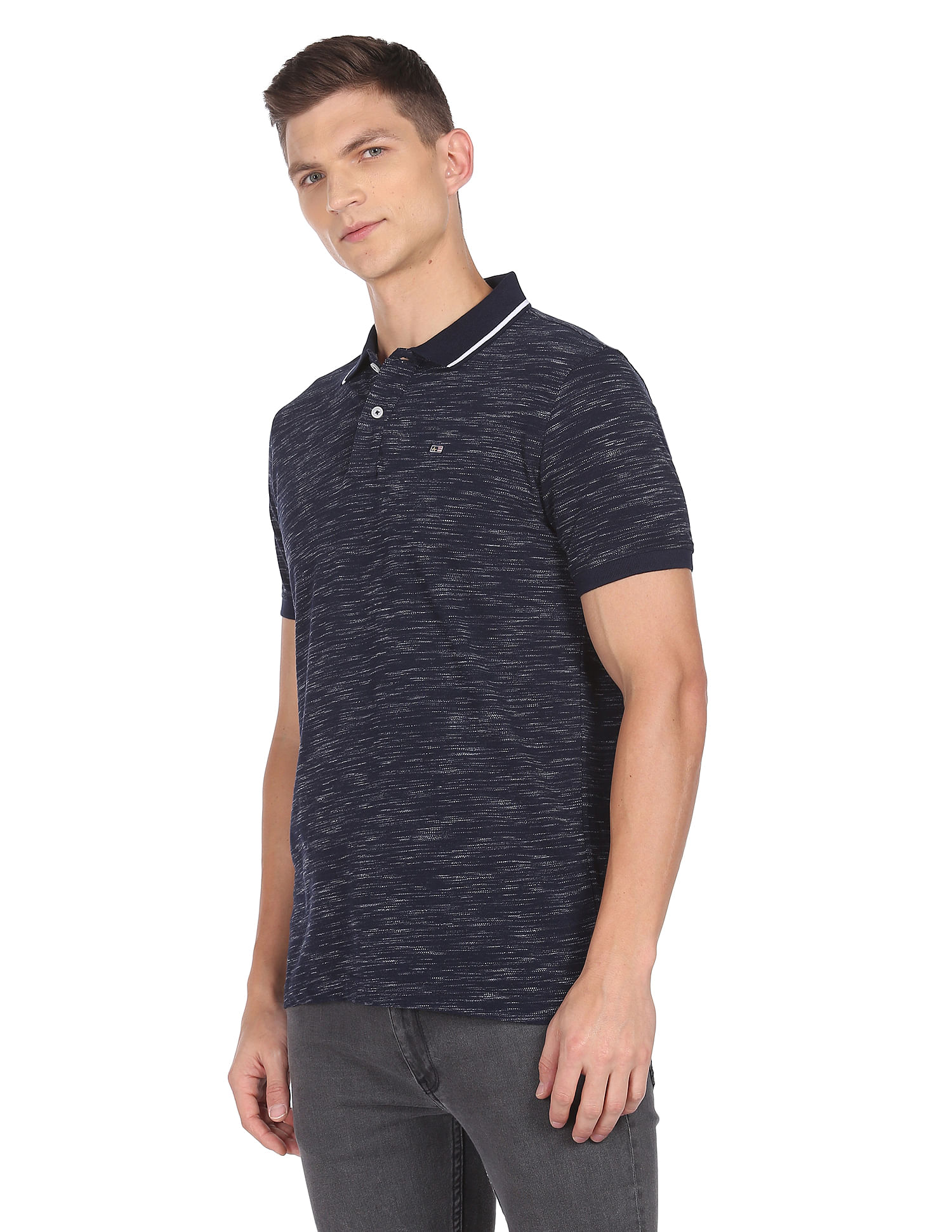 Arrow Sports Striped Collar Heathered Cotton Polo Shirt