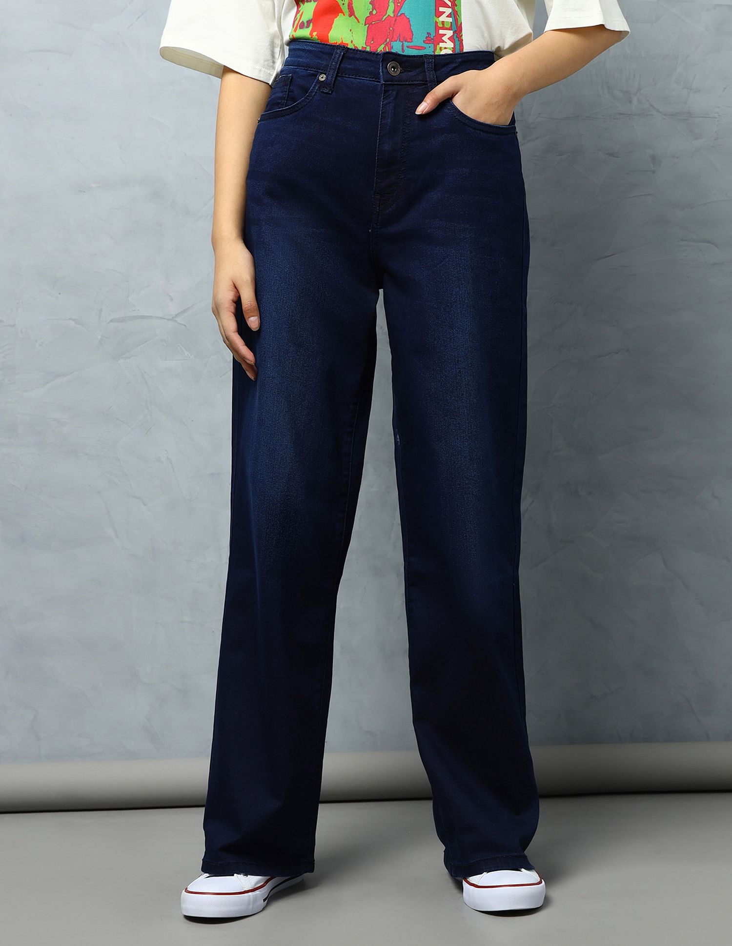 Flying Machine Women High Rise Stone Wash Straight Fit Jeans