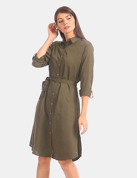 Buy U.S. Polo Assn. Women Green Tie Up Waist Shirt Dress - NNNOW.com