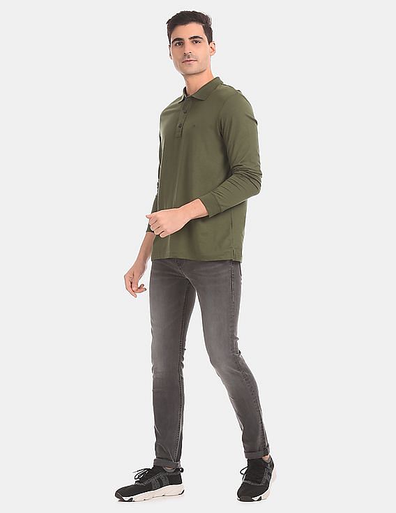 Calvin Klein Men Olive Long Sleeve Solid Polo Shirt