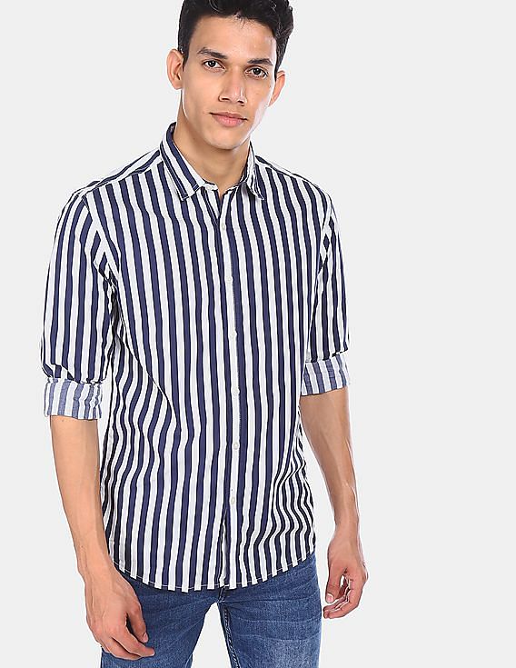 dark blue shirt with white lines