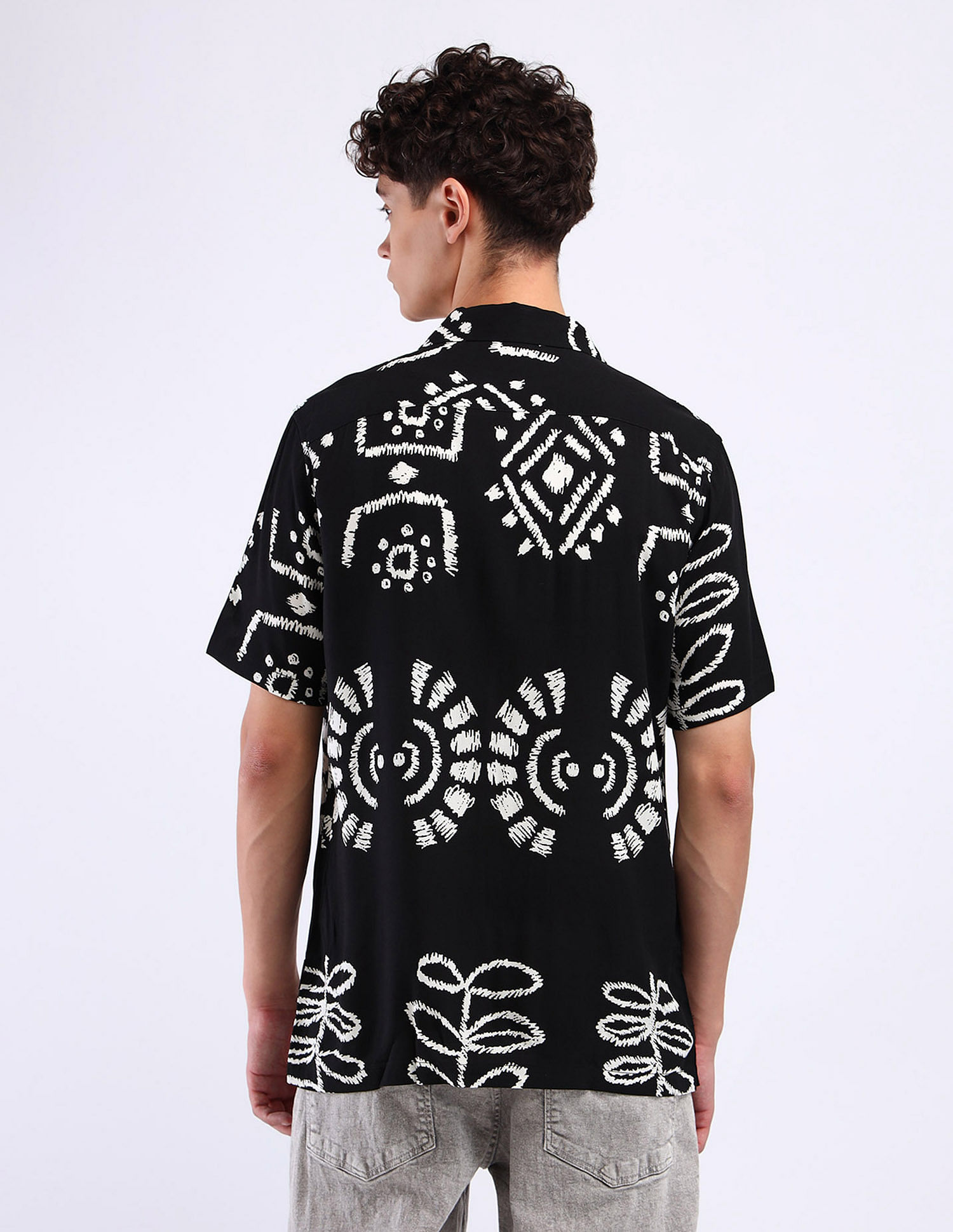 Flying Machine Cuban Collar All-Over Print Shirt