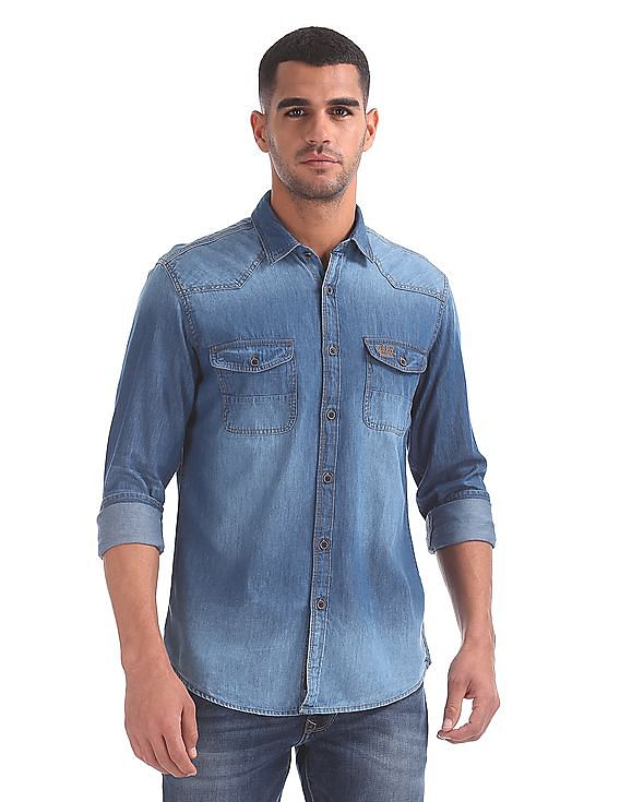 Amazon.com: Slim Fit Denim Shirt Men Ombre Casual Wear Long Sleeve Men Soft  100% Cotton Shirt Model Asian Size L : Clothing, Shoes & Jewelry