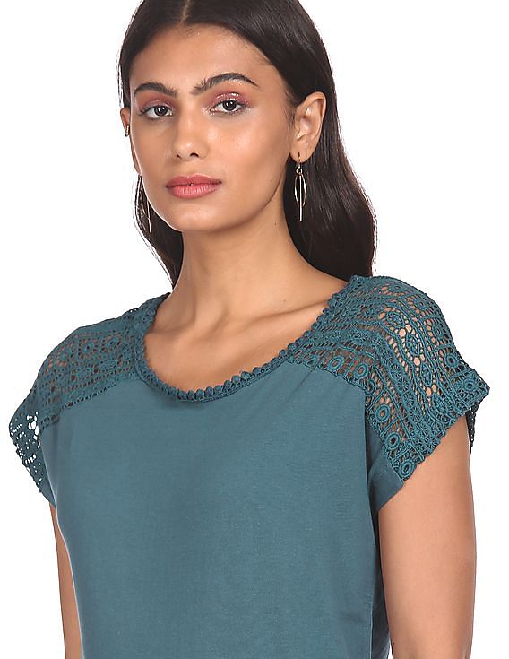 Aeropostale Women Teal Round Neck Crochet Insert Top